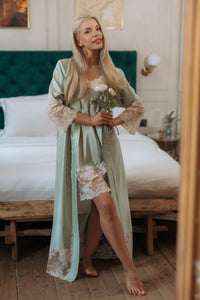 Nightwear robe set: GREEN & BEIGE long