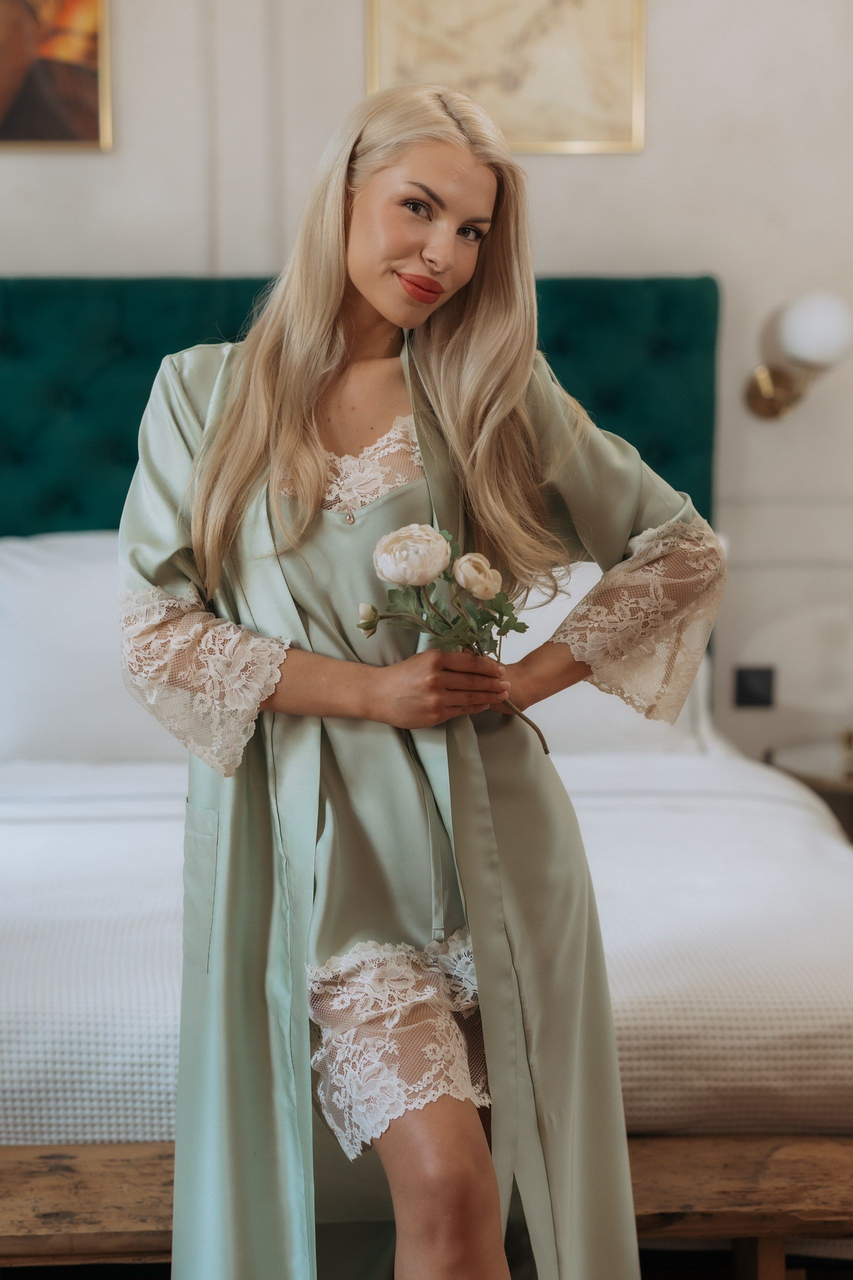 Nightwear robe set: GREEN & BEIGE long