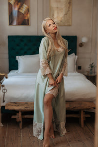 Nightwear robe set: GREEN & BEIGE long