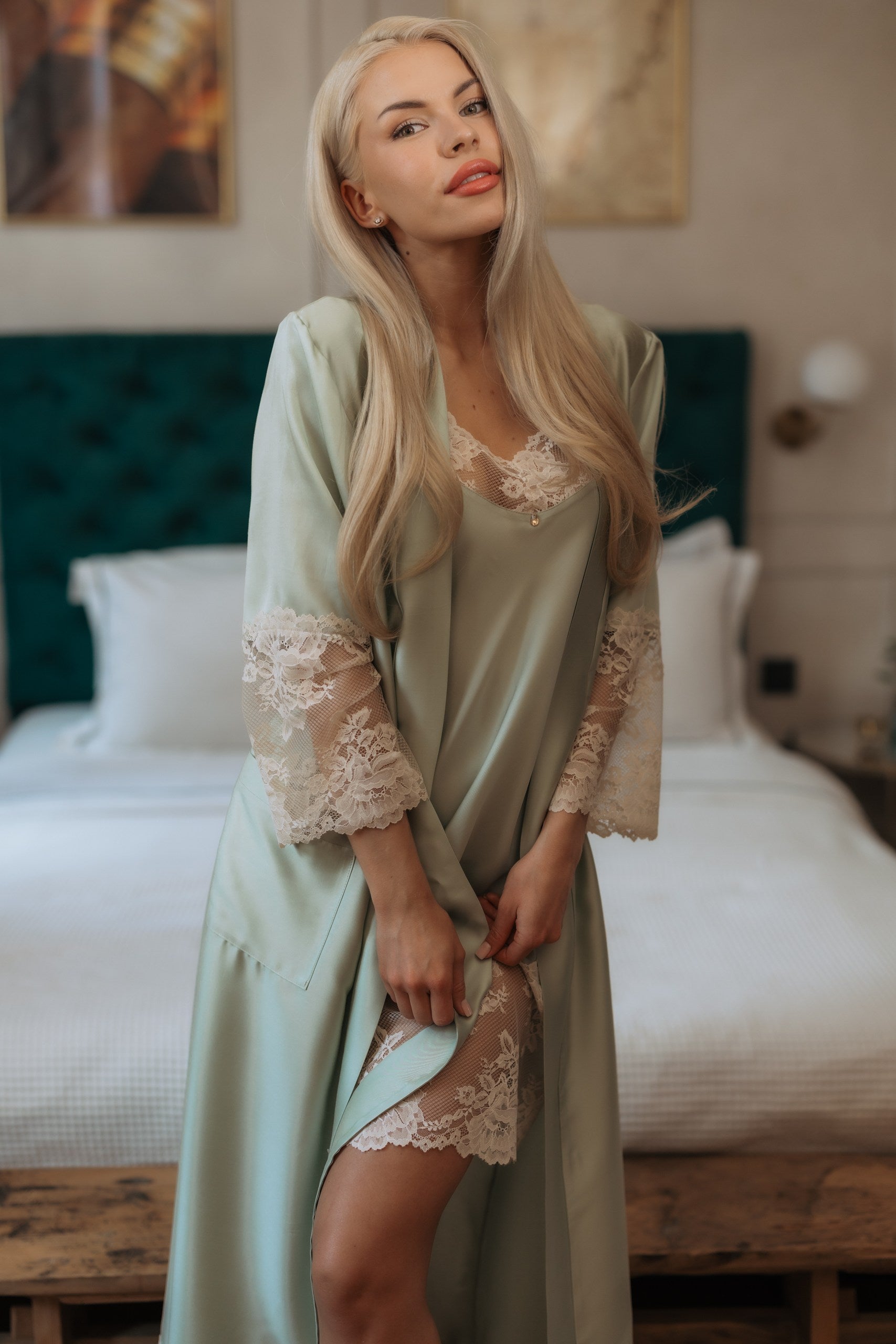 Nightwear robe set: GREEN & BEIGE long