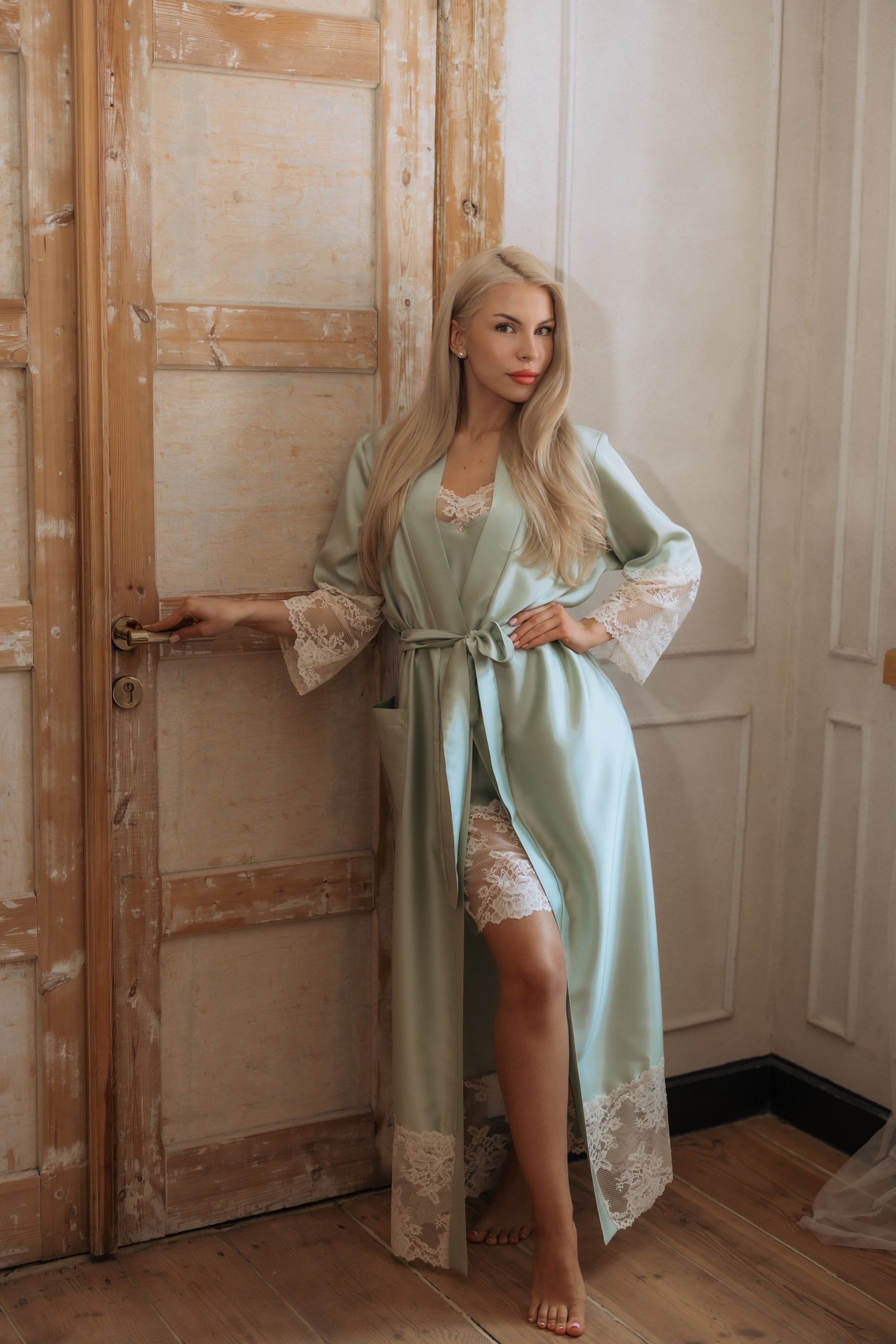 Nightwear robe set: GREEN & BEIGE long