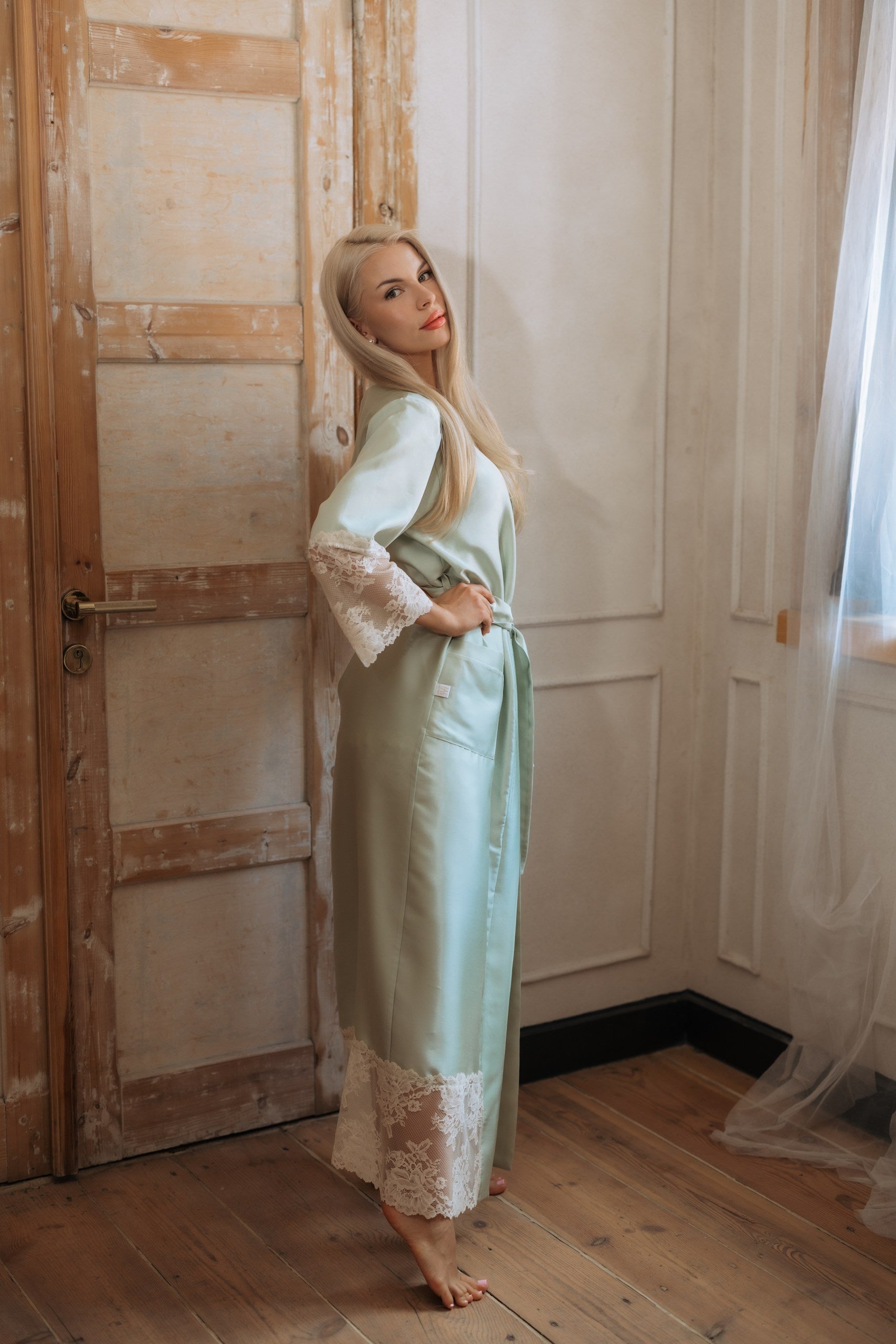 Women's long robe: GREEN & BEIGE Long