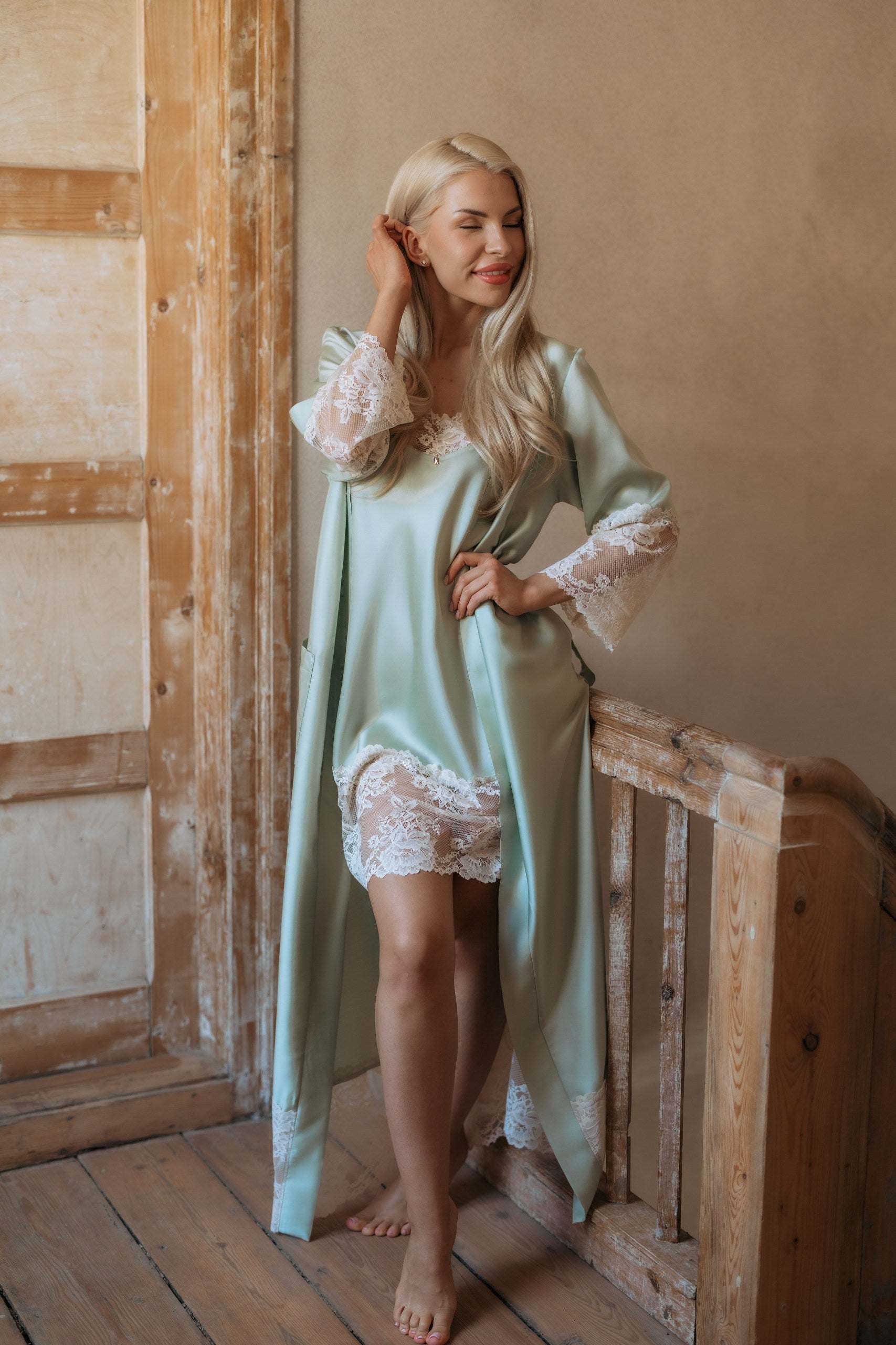 Nightwear robe set: GREEN & BEIGE long