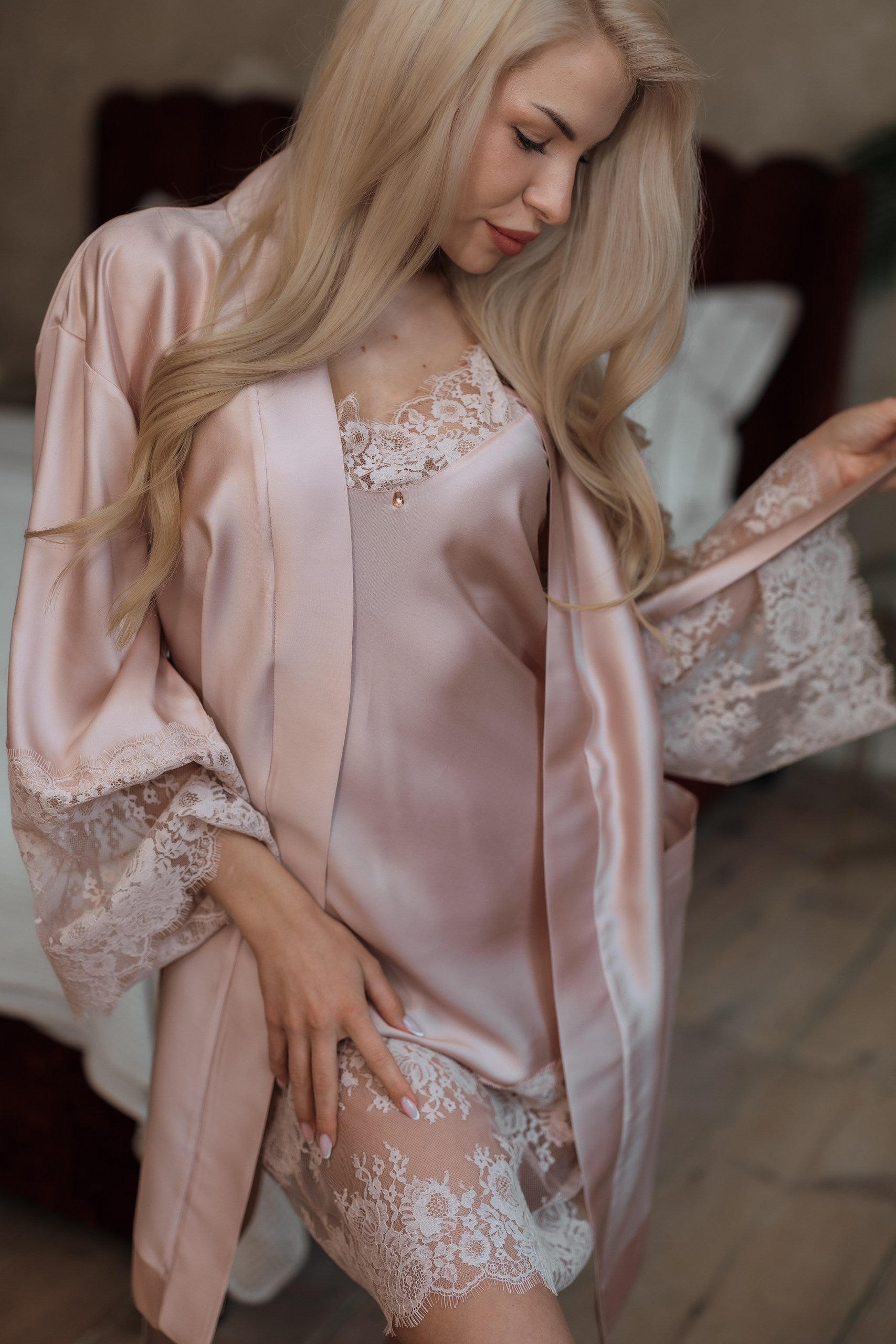 Naktsveļas komplekts:   SOFT PINK & PINK FRENCH LACE