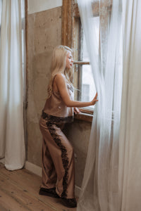 Women's long-pajama: SOFT BROWN & FRENCH LACE