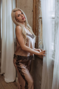 Women's long-pajama: SOFT BROWN & FRENCH LACE