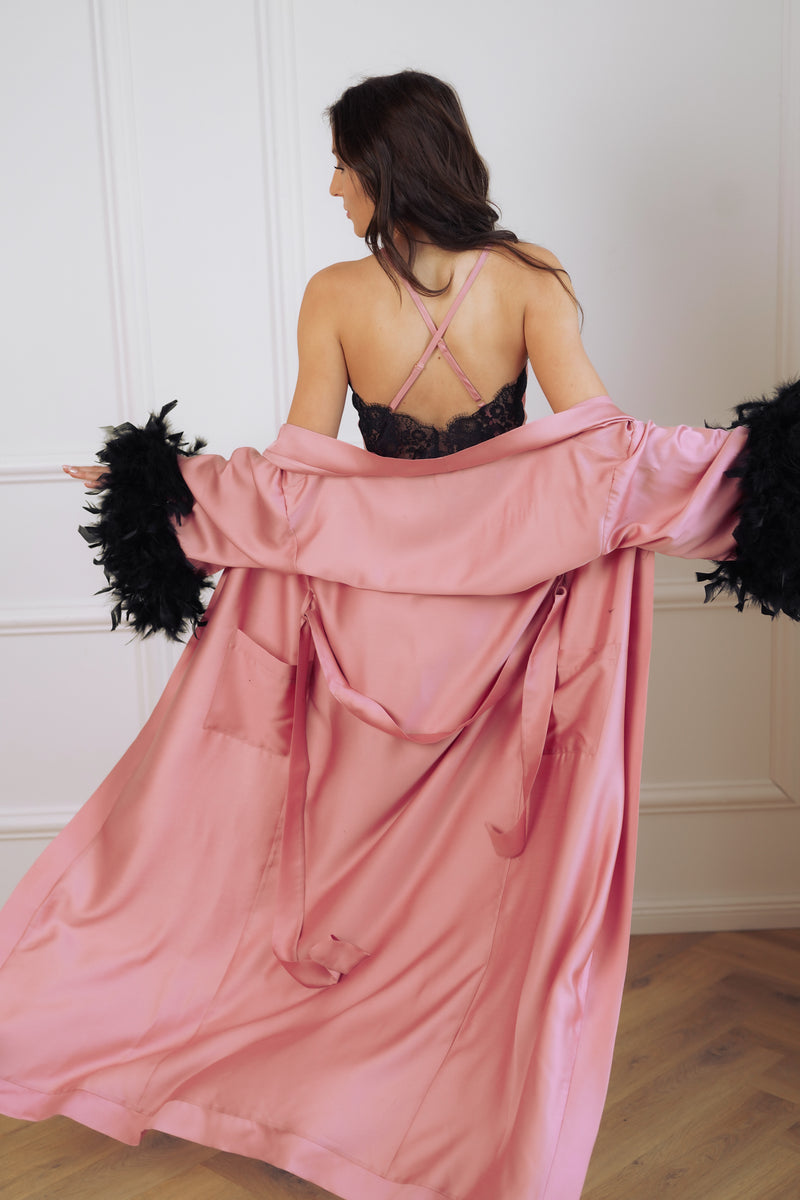 Nightwear robe set: HEART pink with black feathers (long)