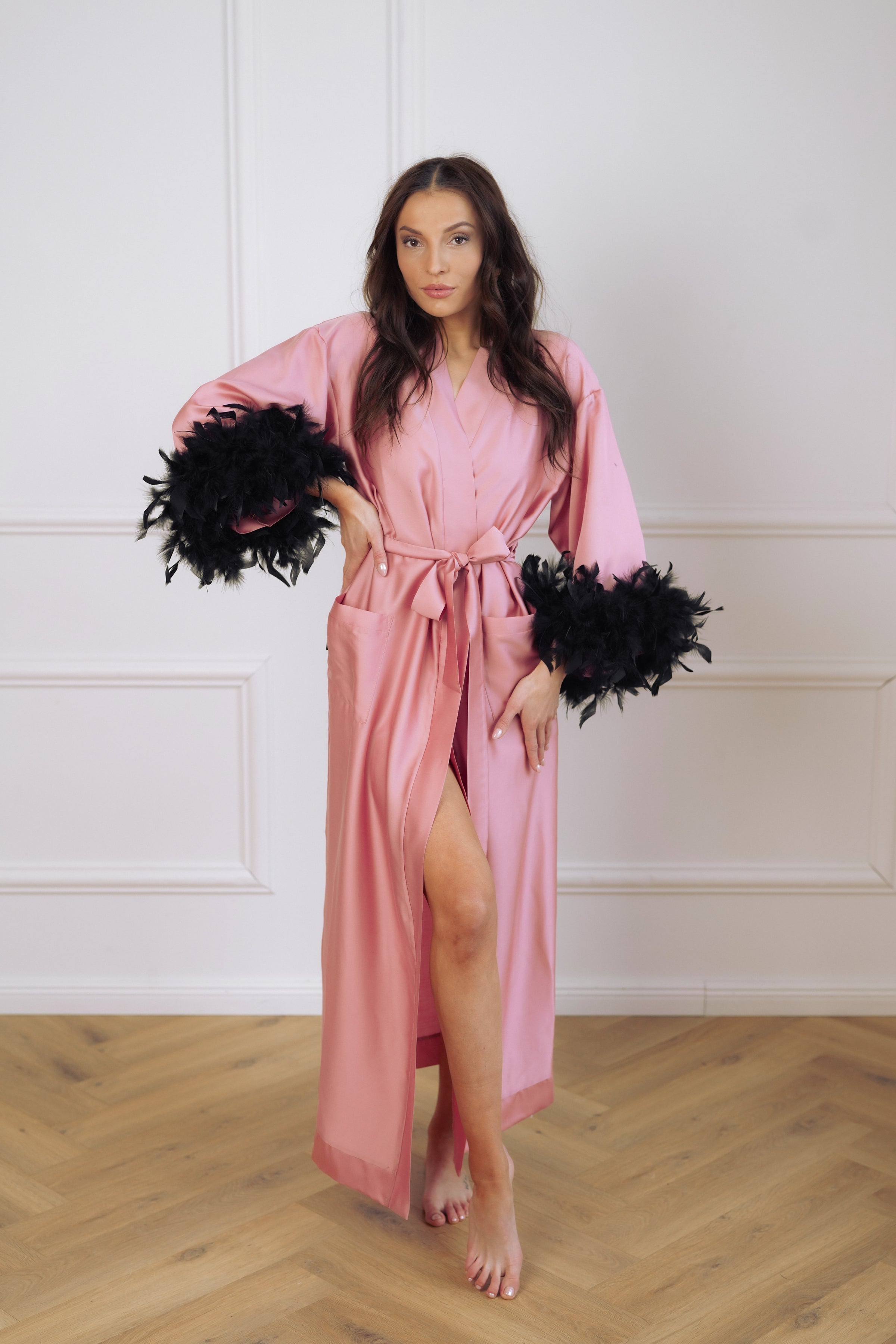 Women's long robe "PINK long Kimono with feathers"