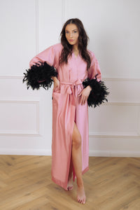 Women's long robe "PINK long Kimono with feathers"
