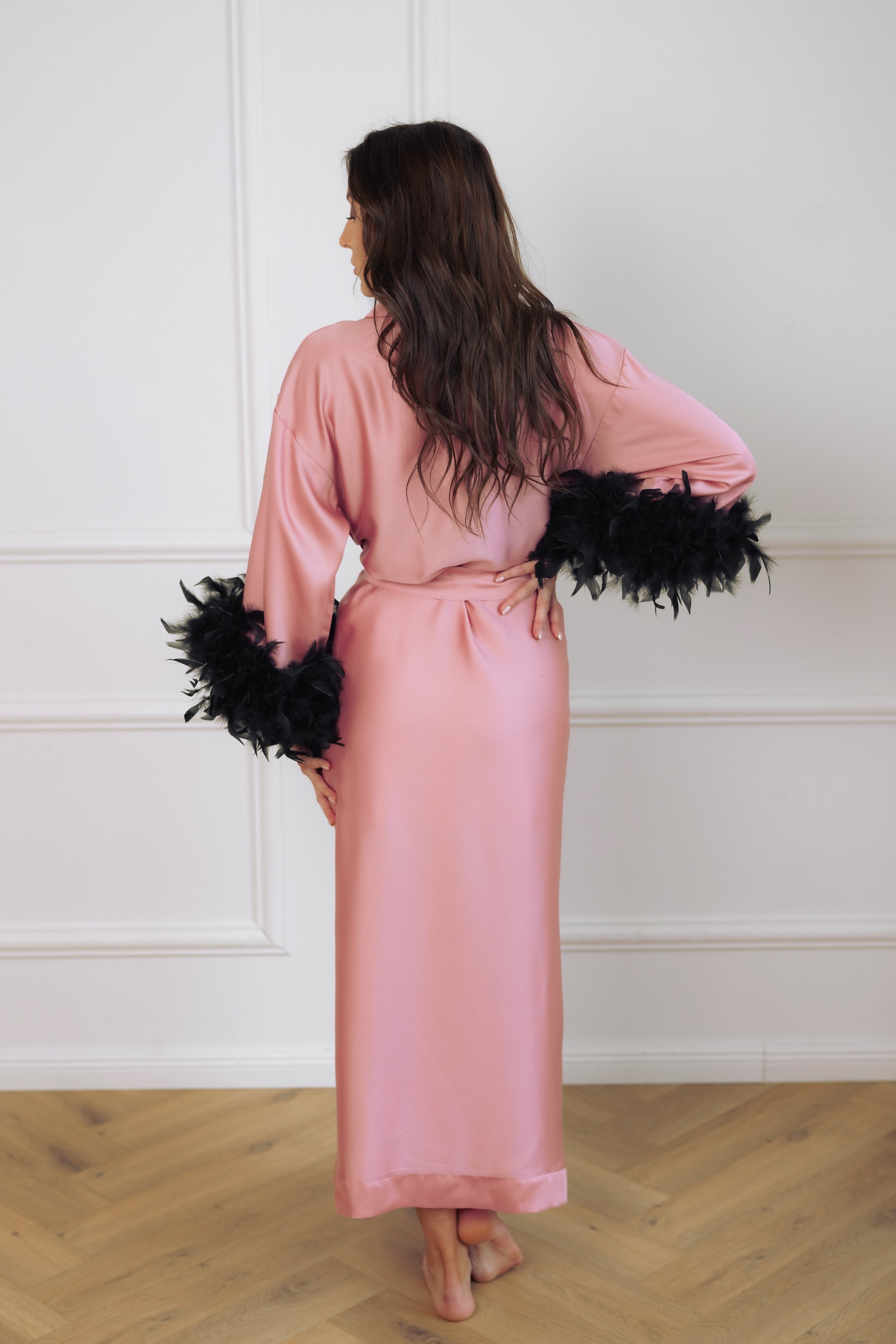 Women's long robe "PINK long Kimono with feathers"
