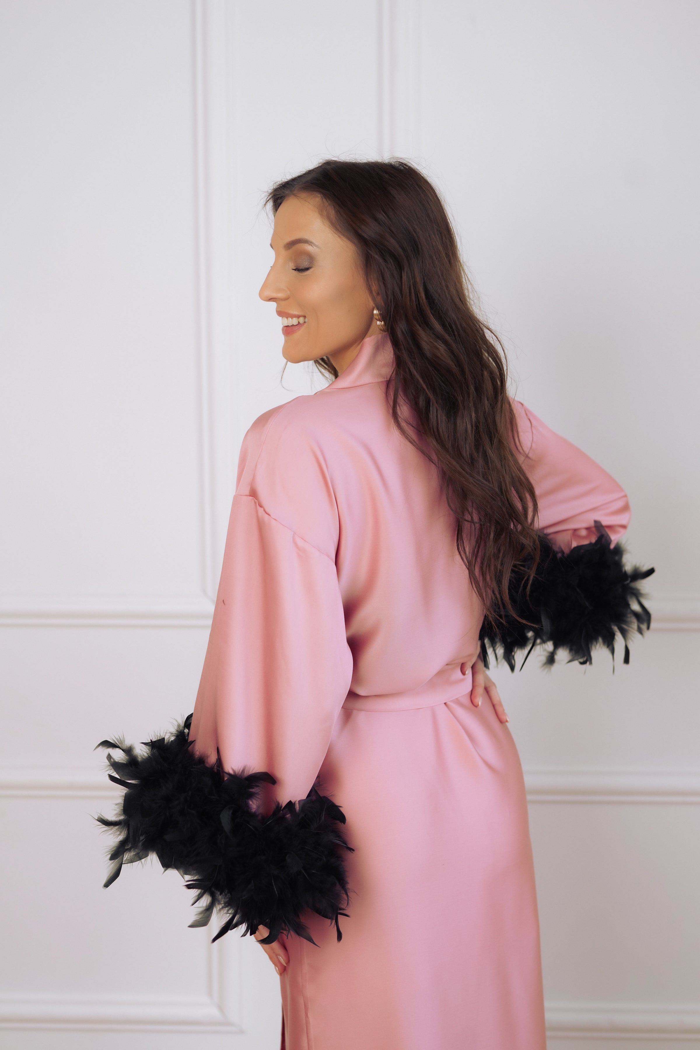 Women's long robe "PINK long Kimono with feathers"