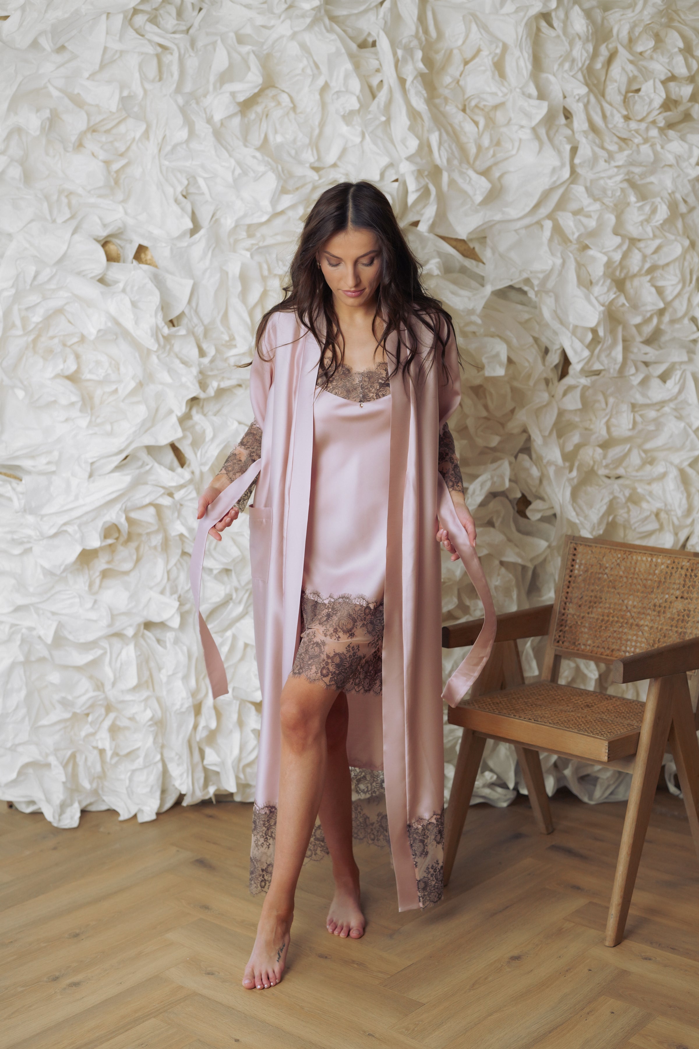 Nightwear robe set: SOFT PINK & FRENCH LACE long full