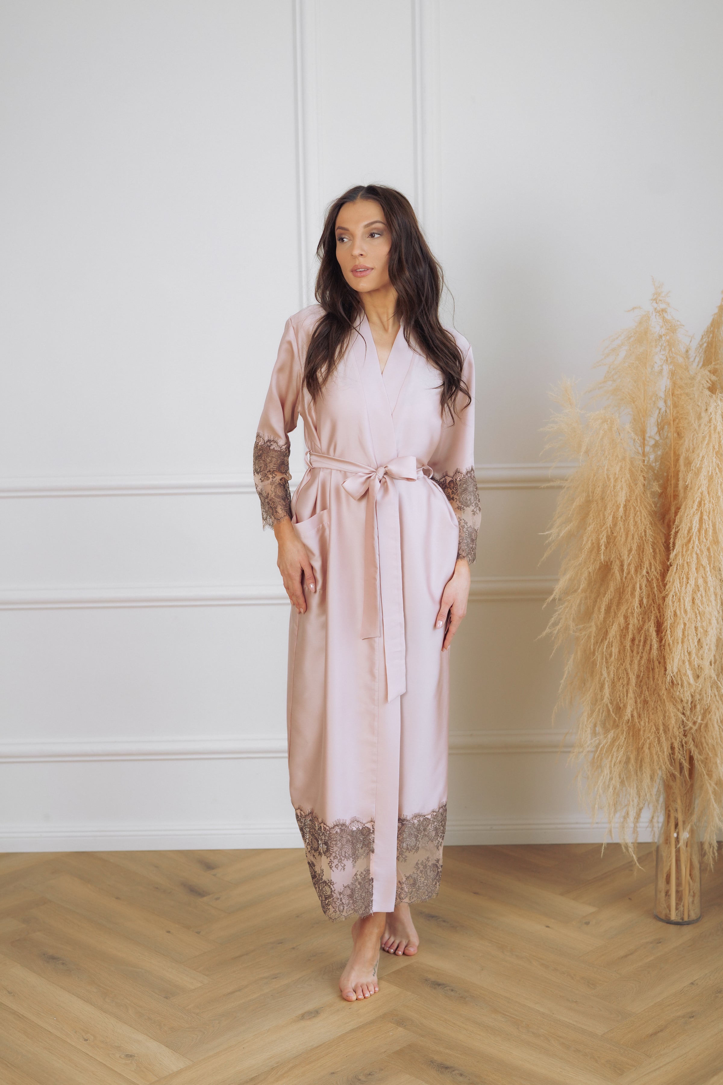 Women's long robe: SOFT PINK & FRENCH LACE  Long