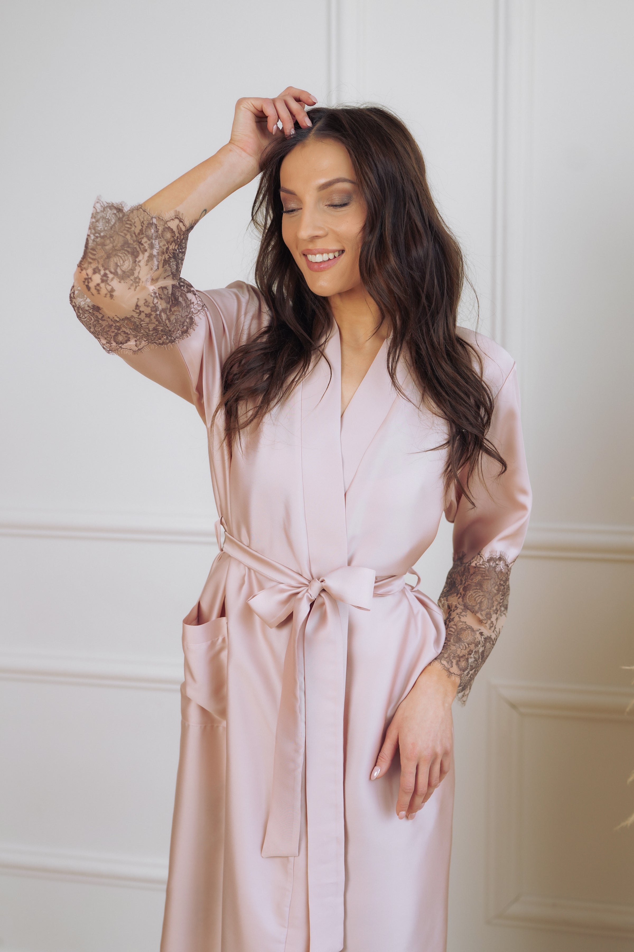 Women's long robe: SOFT PINK & FRENCH LACE  Long