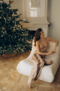Women's long-pajama: SOFT BROWN & FRENCH LACE