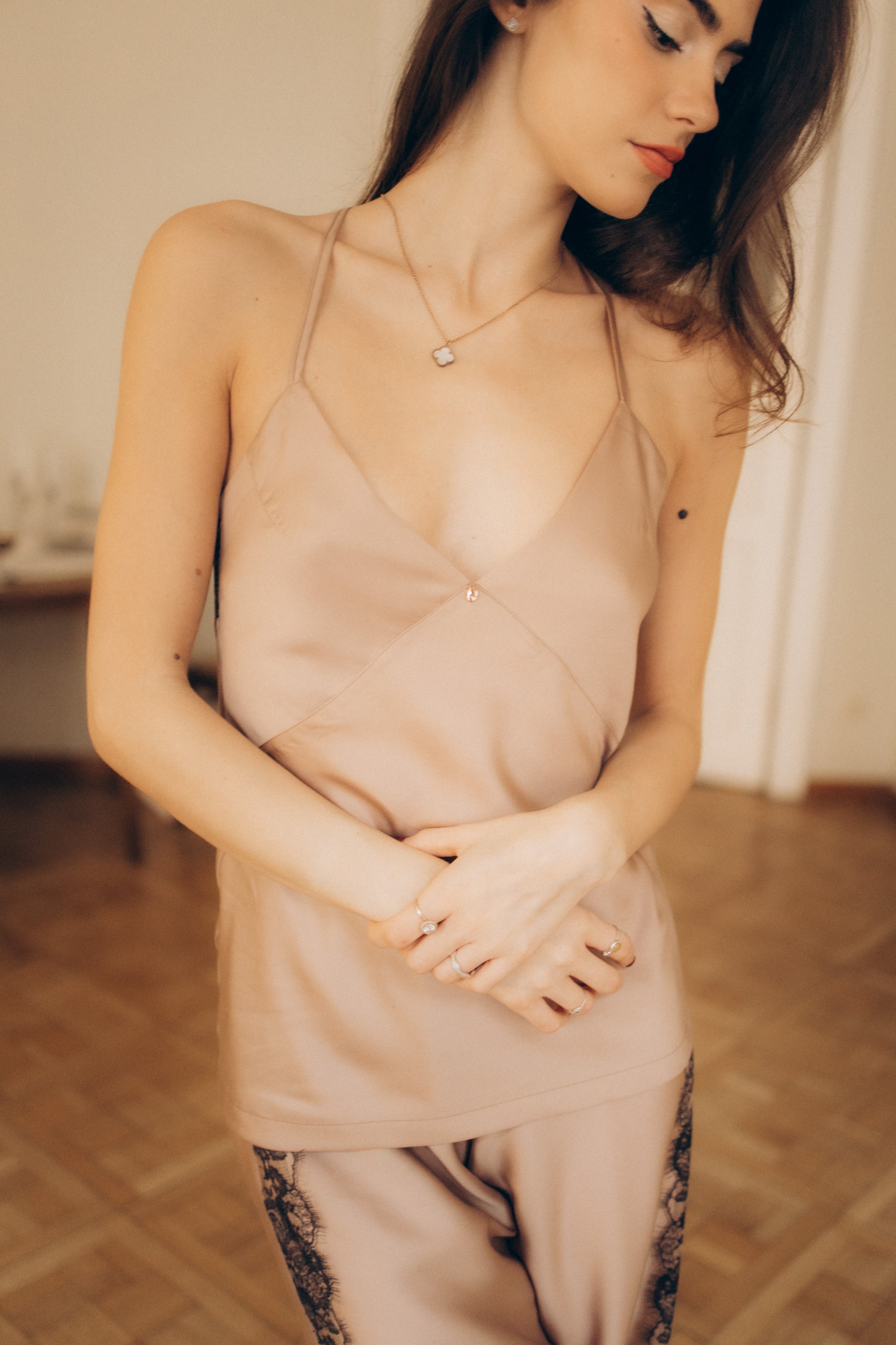 Women's long-pajama: SOFT BROWN & FRENCH LACE