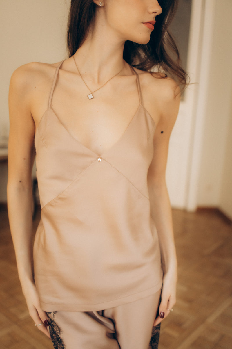 Women's long-pajama: SOFT BROWN & FRENCH LACE