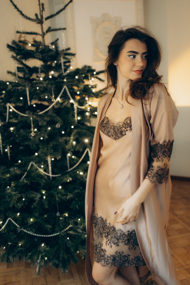Nightwear robe set: SOFT BROWN & FRENCH LACE Long