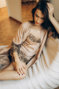 Nightwear robe set: SOFT BROWN & FRENCH LACE Long