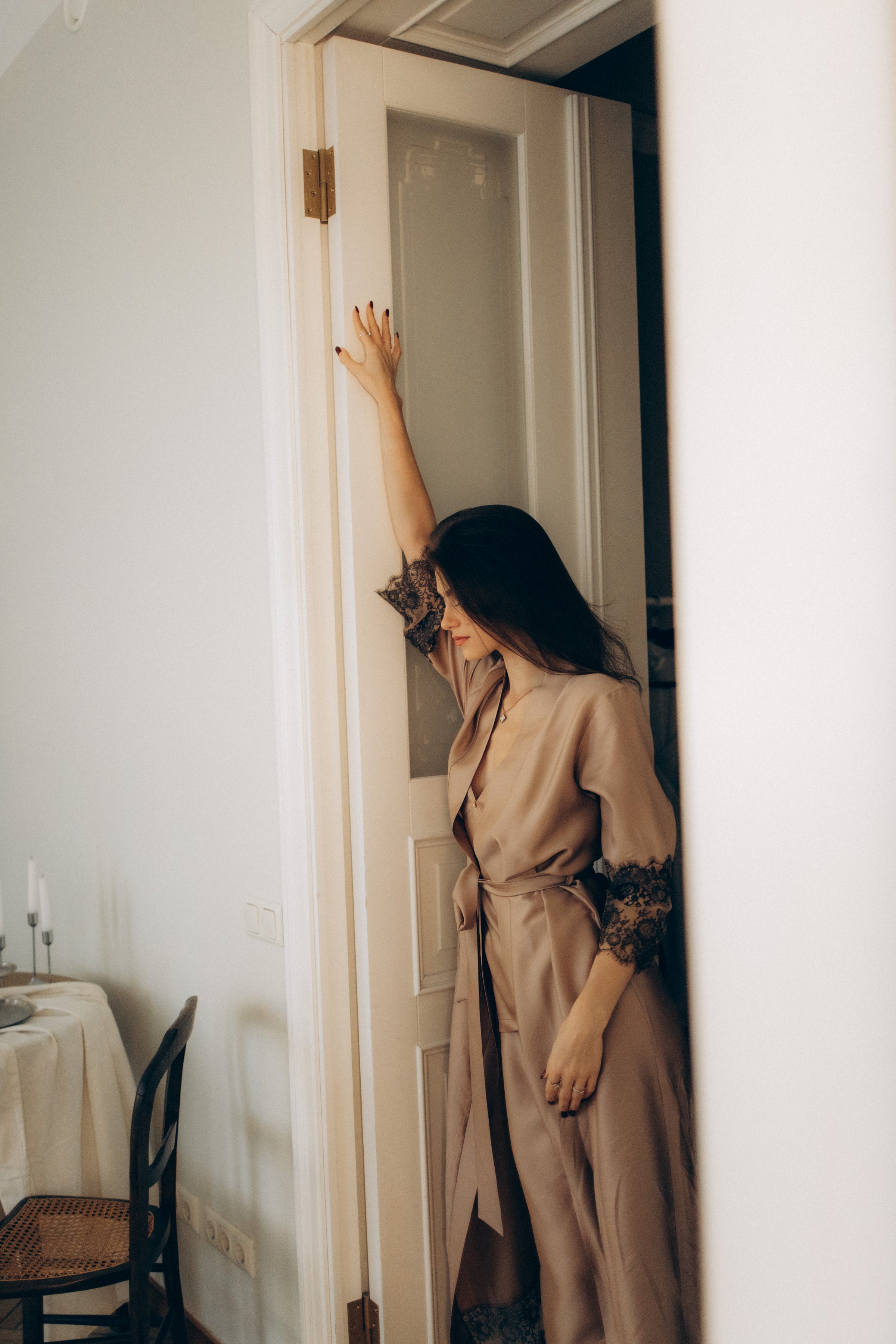 Women's long robe: SOFT BROWN & FRENCH LACE  Long