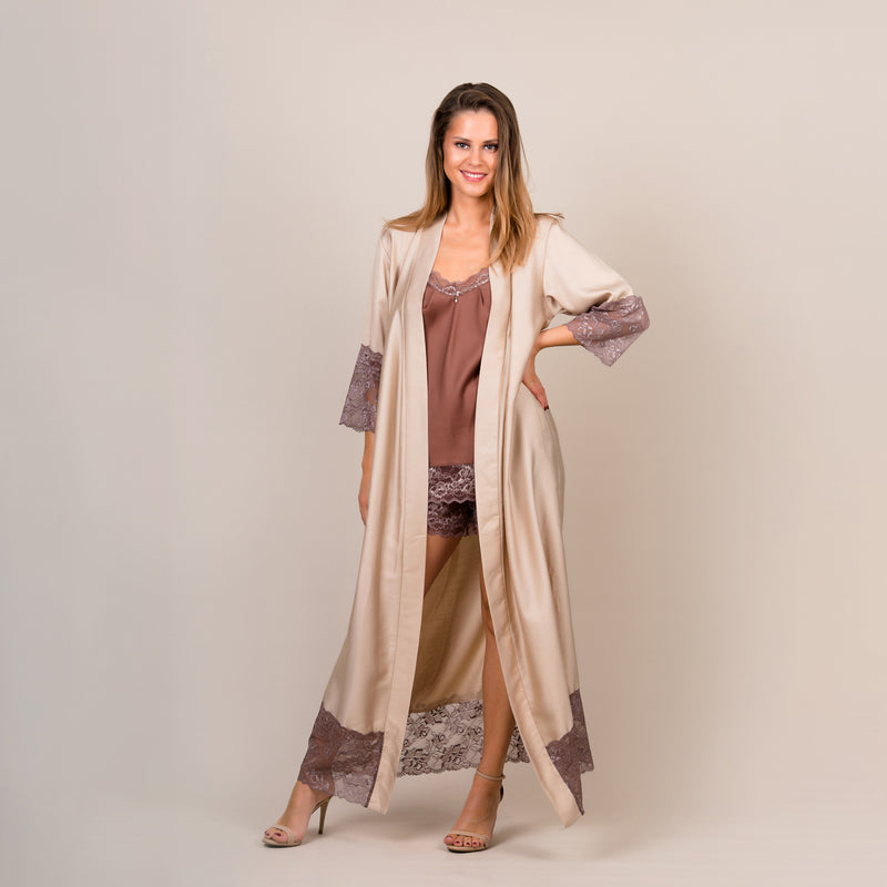Nightwear robe set "BEIGE&BROWN"- Nightwear: Long robe and nightgown